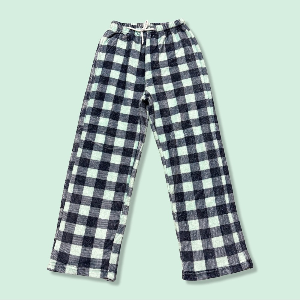 Mint Green & Black Buffalo Check Plaid Soft Fuzzy Fleece PJ Pajama Sleep Pants M